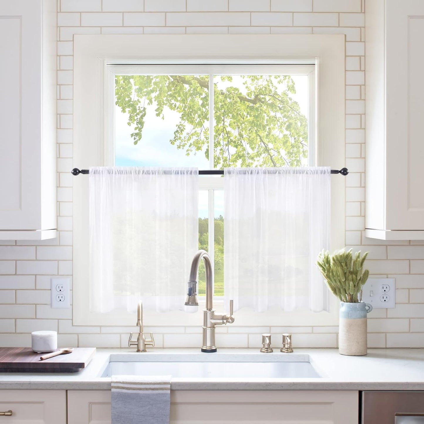White Kitchen Curtains 24 Inch Length Set with Tiers and Valance Half Window Sheer Curtains Small Window Cafe Drapes 3Pcs