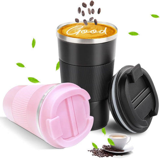 Travel Coffee Mug 14Oz Pink + Black, Couples Combination Set Insulated Spill Proof Leak Proof Portable to Go Camping Stainless Steel Coffee Tumbler Reusable Coffee Cups with Lids
