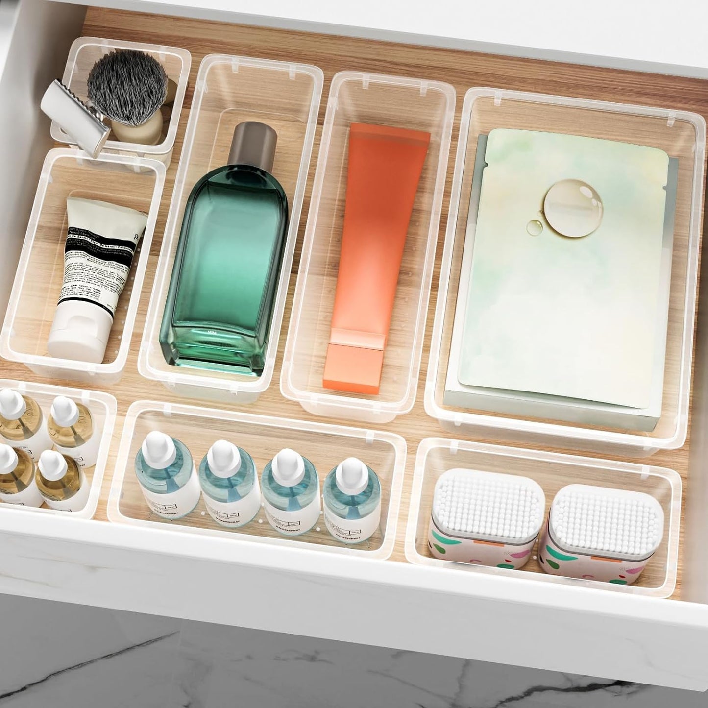 12 PCS Drawer Organizer Set, 4 Sizes Storage Drawer Units, Clear Plastic Makeup Vanity Organizer and Storage Bins for Makeup, Stationeries, Multiple Gadgets for Bathroom, Office, Bedroom