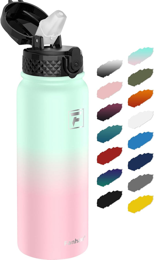 20 Oz Stainless Steel Insulated Sports Water Bottles with Straw for Kids, Men and Women (Green Pink)