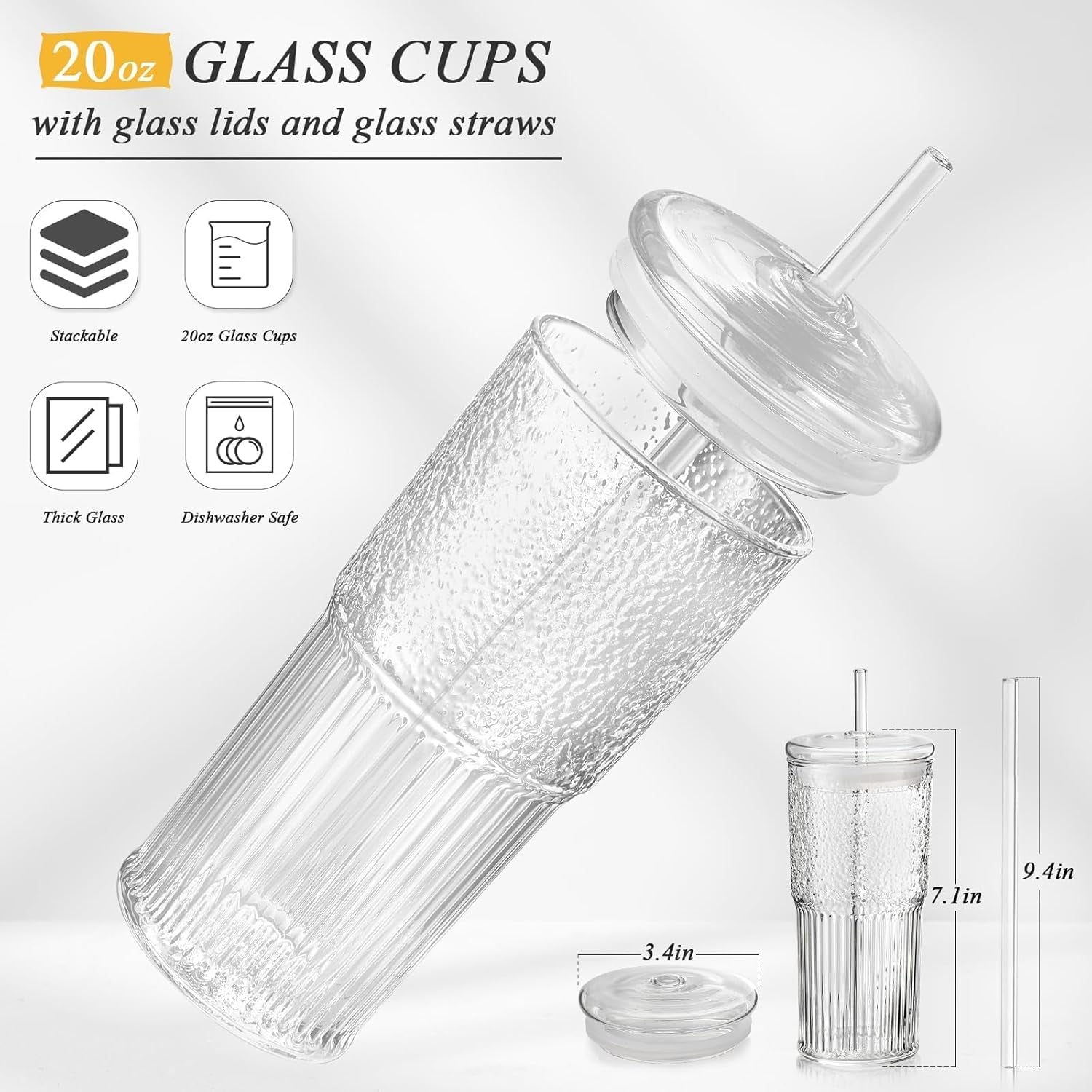 Glass Cups with Lids and Straws 4 Pcs,20Oz Glasses Drinking Set Vintage Textured Clear Iced Coffee Cups with Lids,Reusable Glass Tumbler with Straw and Lid for Coffee Bar Accessories