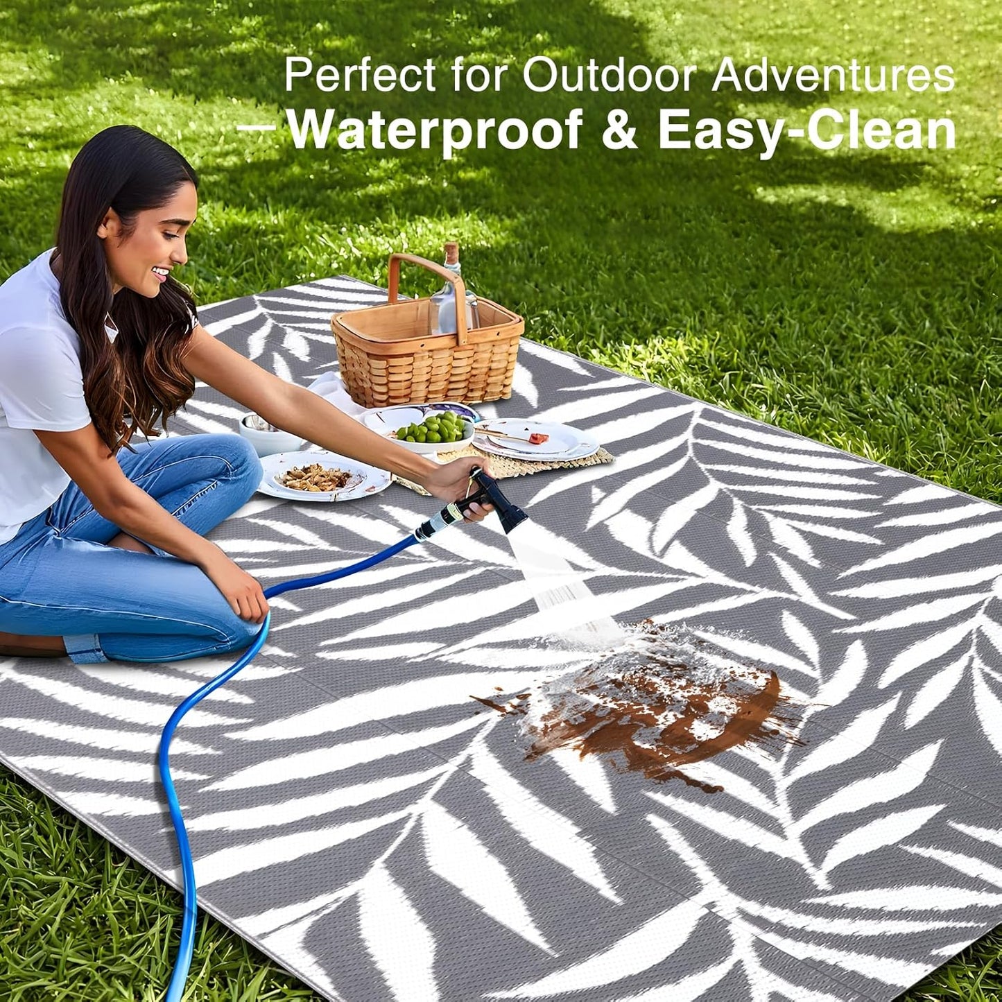 Waterproof Outdoor Rug 5X8 Ft, Reversible Outdoor Plastic Straw Rug with Leaf Pattern, RV Mat, Indoor Outdoor Carpet for Patio, Camping, Balcony, Deck, Backyard, Grey & White