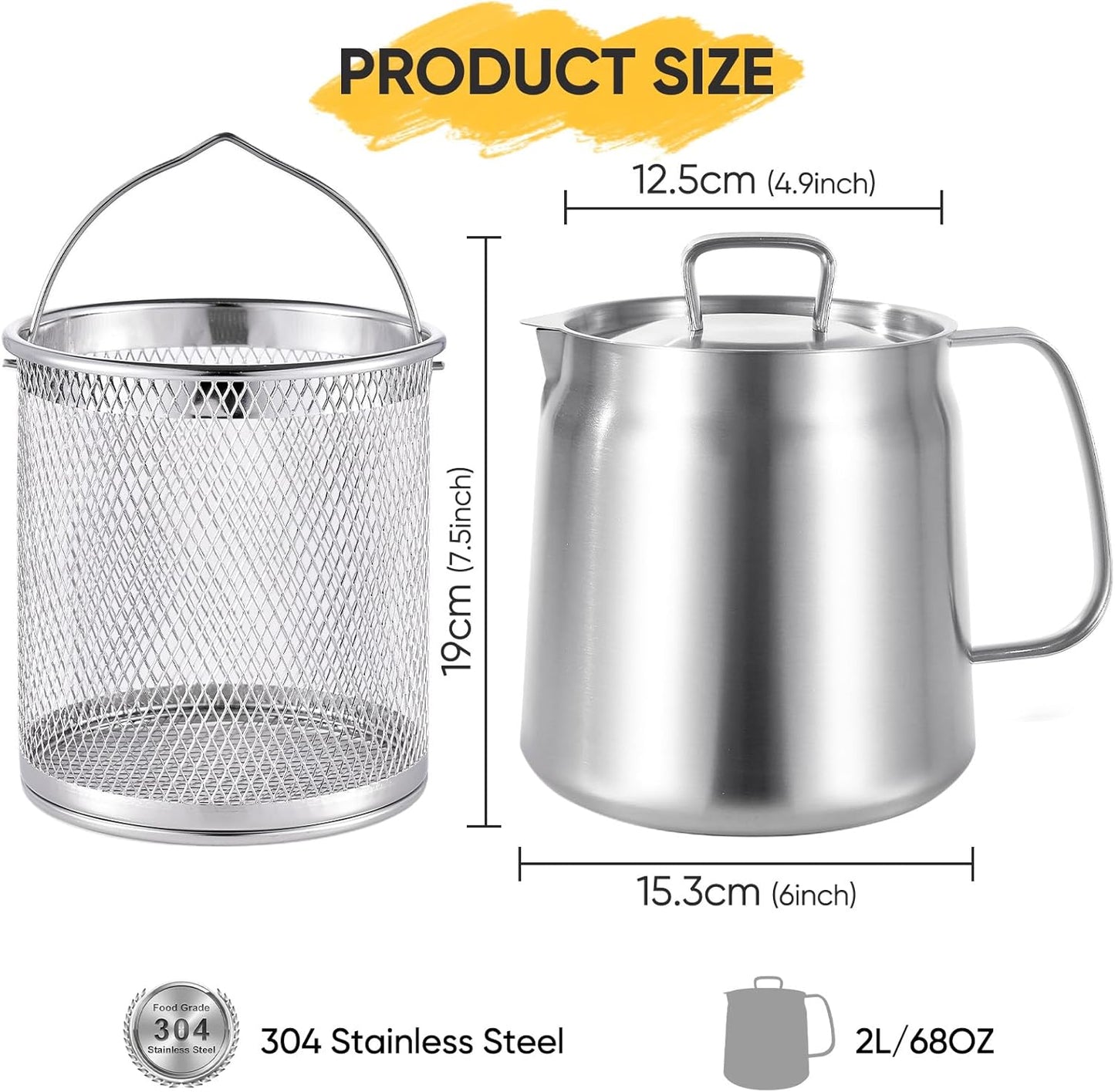 68Oz/2L 304 Stainless Steel Oil Container, Cooking Oil Filter Pot with Mesh Strainer, Grease Container with Lid for Kitchen, Dishwasher Safe