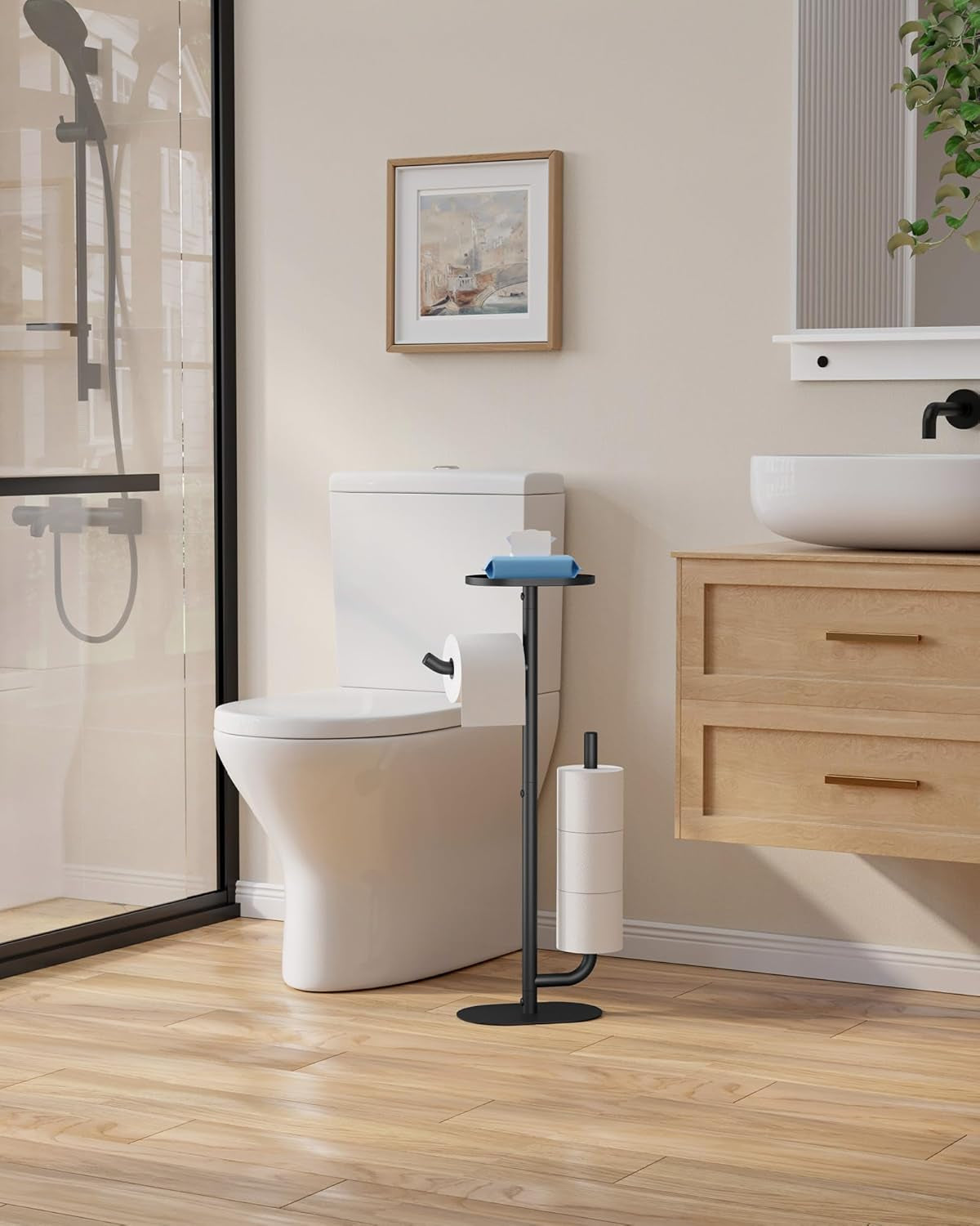Toilet Paper Holder Stand - Spacious Toilet Paper Storage for 4 Rolls, Rustproof Bathroom Organizers and Storage with Shelf for Phone & Small Items, 9.1"×5.8"×27.6", Black