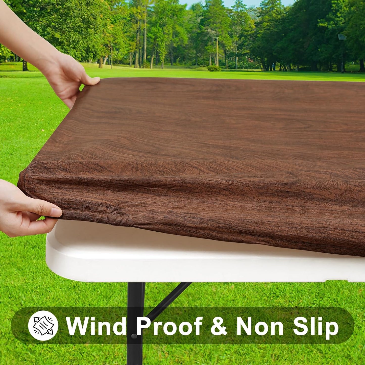 Rectangle Picnic Tablecloth, Waterproof Elastic Fitted Table Covers for 6 Foot Tables, Wipeable Flannel Backed Vinyl Tablecloths for Camping, Indoor, Outdoor (Brown, 30X72 Inches)