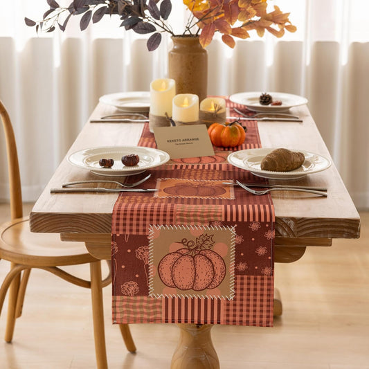 Fall Table Runner Thanksgiving Patchwork Vintage Hippie Punk Pumpkins Autumn Harvest Cloth Dining Centerpiece Party Decor for Fairy Tales Baby Shower Fall Home Decorations 13 X 48 Inch