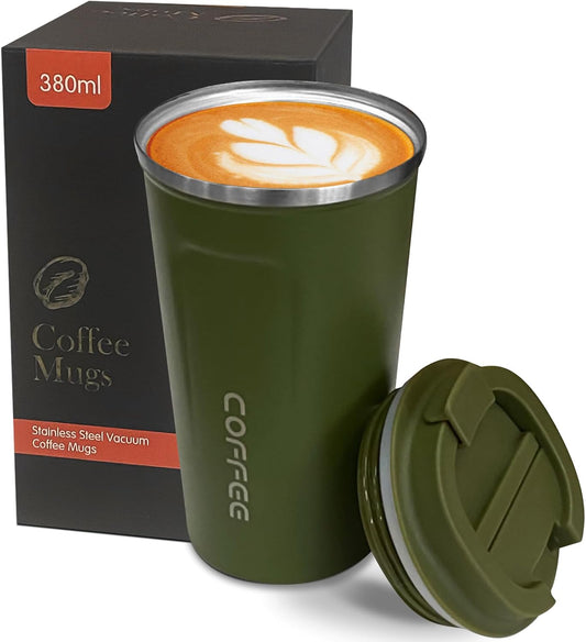 Insulated Travel Coffee Mug, Spill & Leak Proof, Portable to Go Camping Stainless Steel Coffee Tumbler, Reusable Thermal Coffee Cup with Lid for Hot & Cold Drinks (2Nd-Green, 12 OZ)