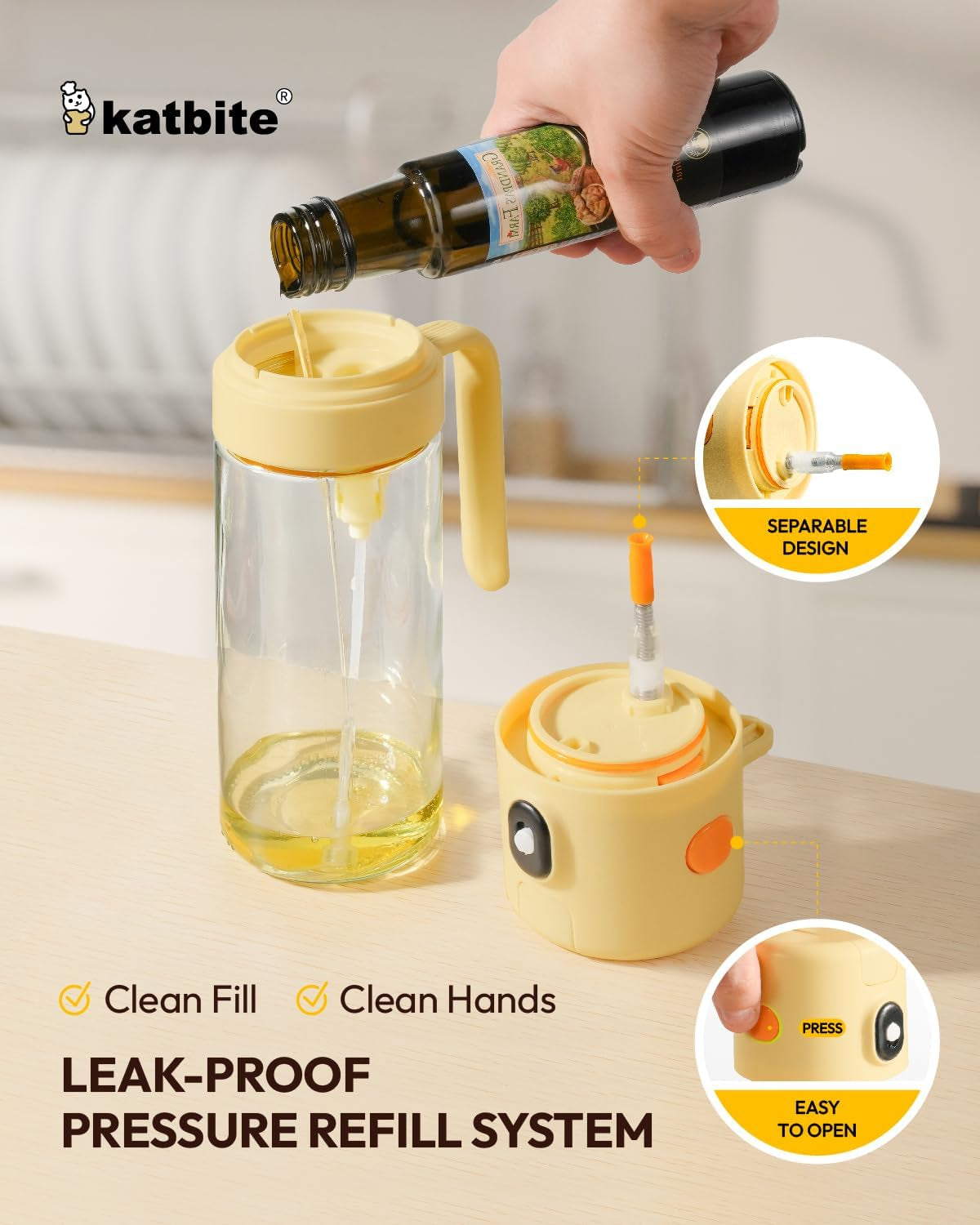 2 in 1 Oil Sprayer & Pour for Cooking, 18.6 Oz(550Ml) Glass Olive Oil Dispenser Bottle, One-Touch Open Lid, Non-Drip Leak-Proof Design, Fine Mist(0.5G/Spray) for Air Fryer, Salad, Yellow
