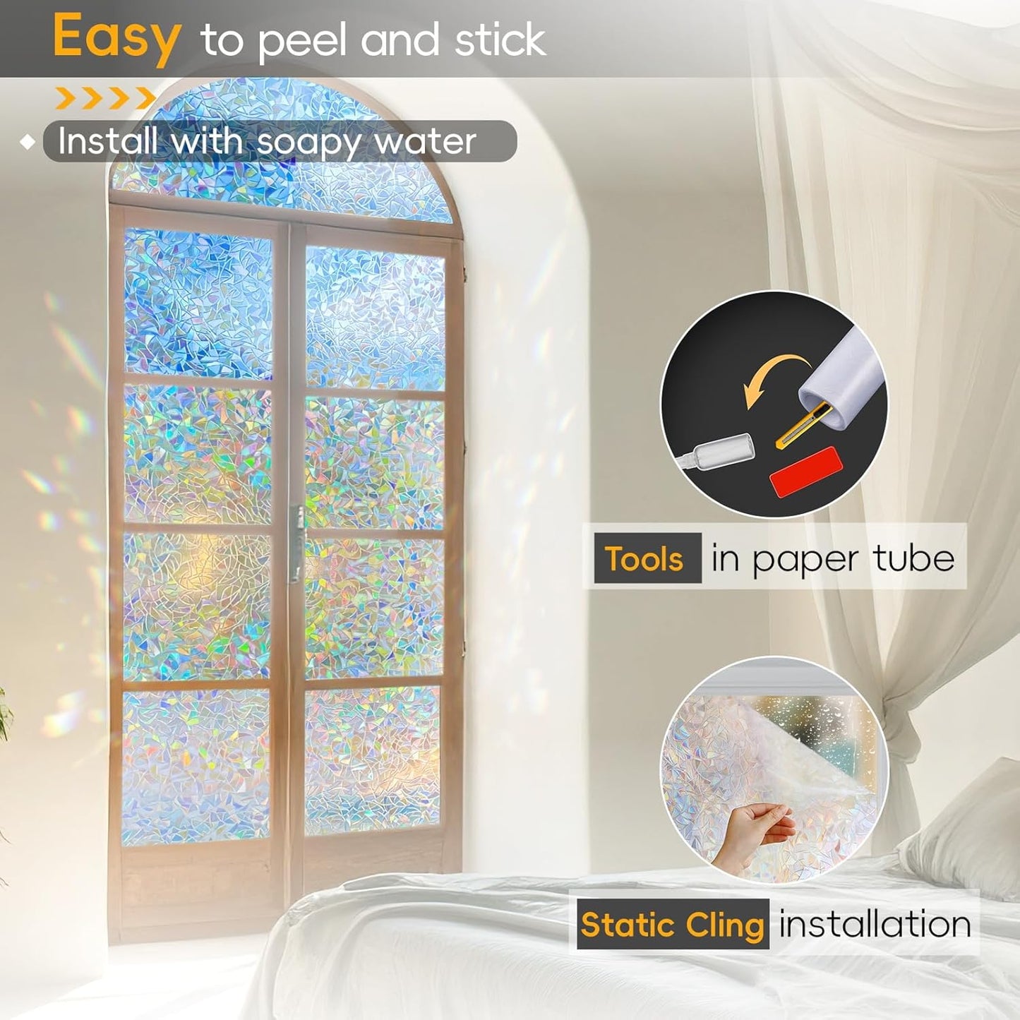 Rainbow Window Privacy Film with Cutting Reference Line, 3D Decals Stained Glass Clings, Static Cling Sticker, Suncatcher Windows Cover Tint for Home, 17.5 Inch X 78.74 Inch