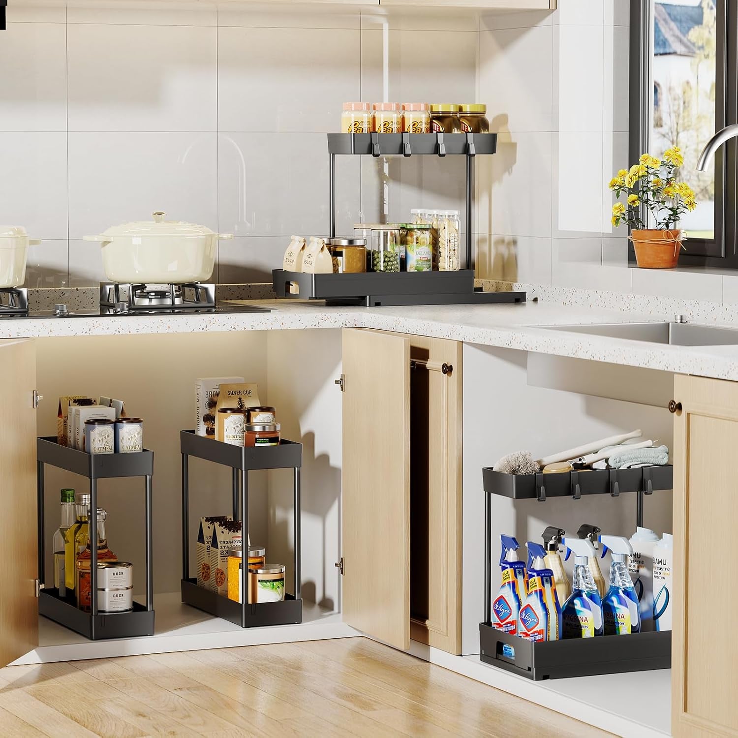 4 Pack under Sink Organizers and Storage, 2 Tier Pull Out Bathroom Cabinet Organizer, L-Shape Black under Kitchen Sink Organizer, under Counter Storage Organizer with Drawer