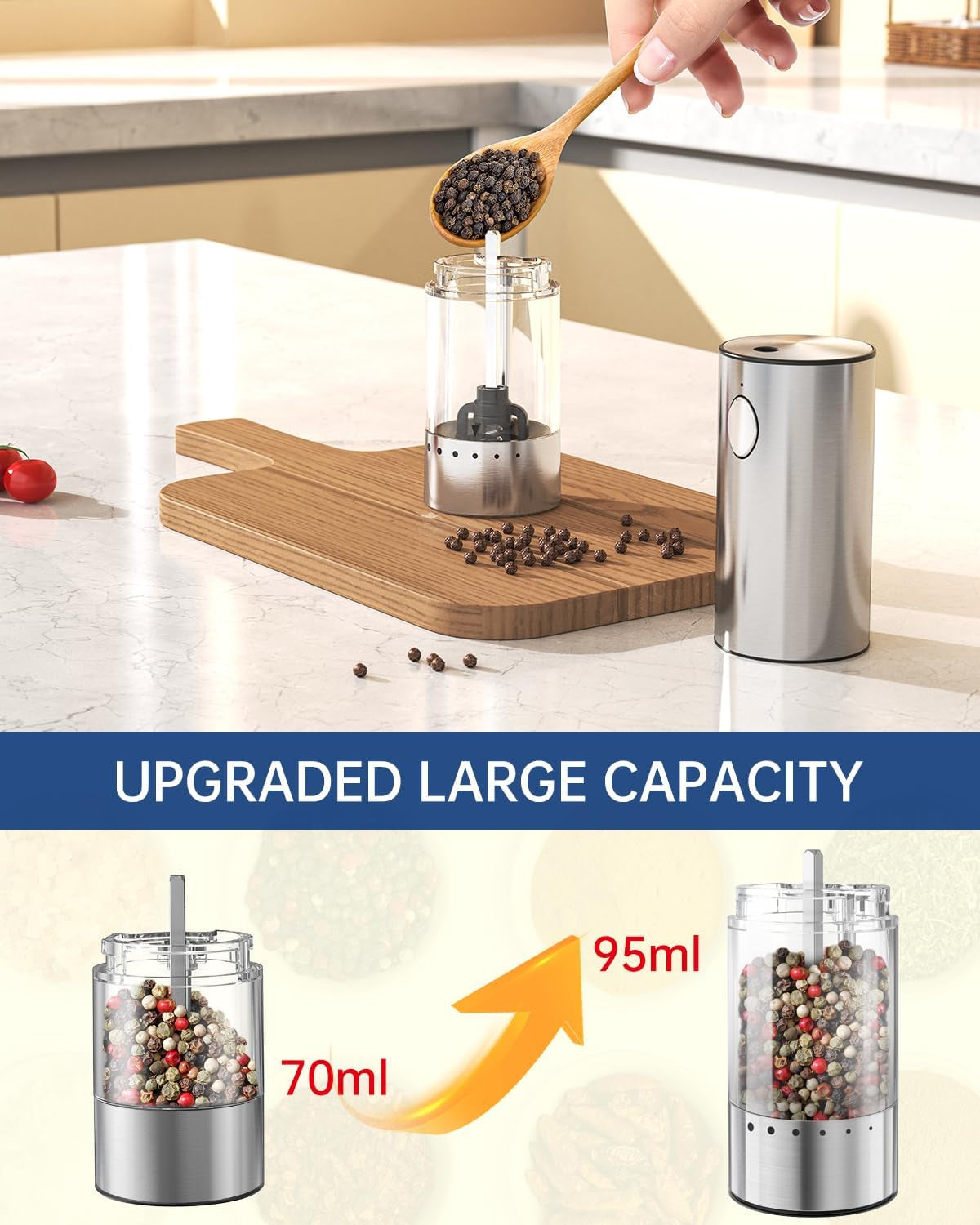 Stainless Steel Electric Pepper Grinder, Rechargeable Pepper Mills with LED Light, 6-Level External Adjustable Coarseness for Easy Use