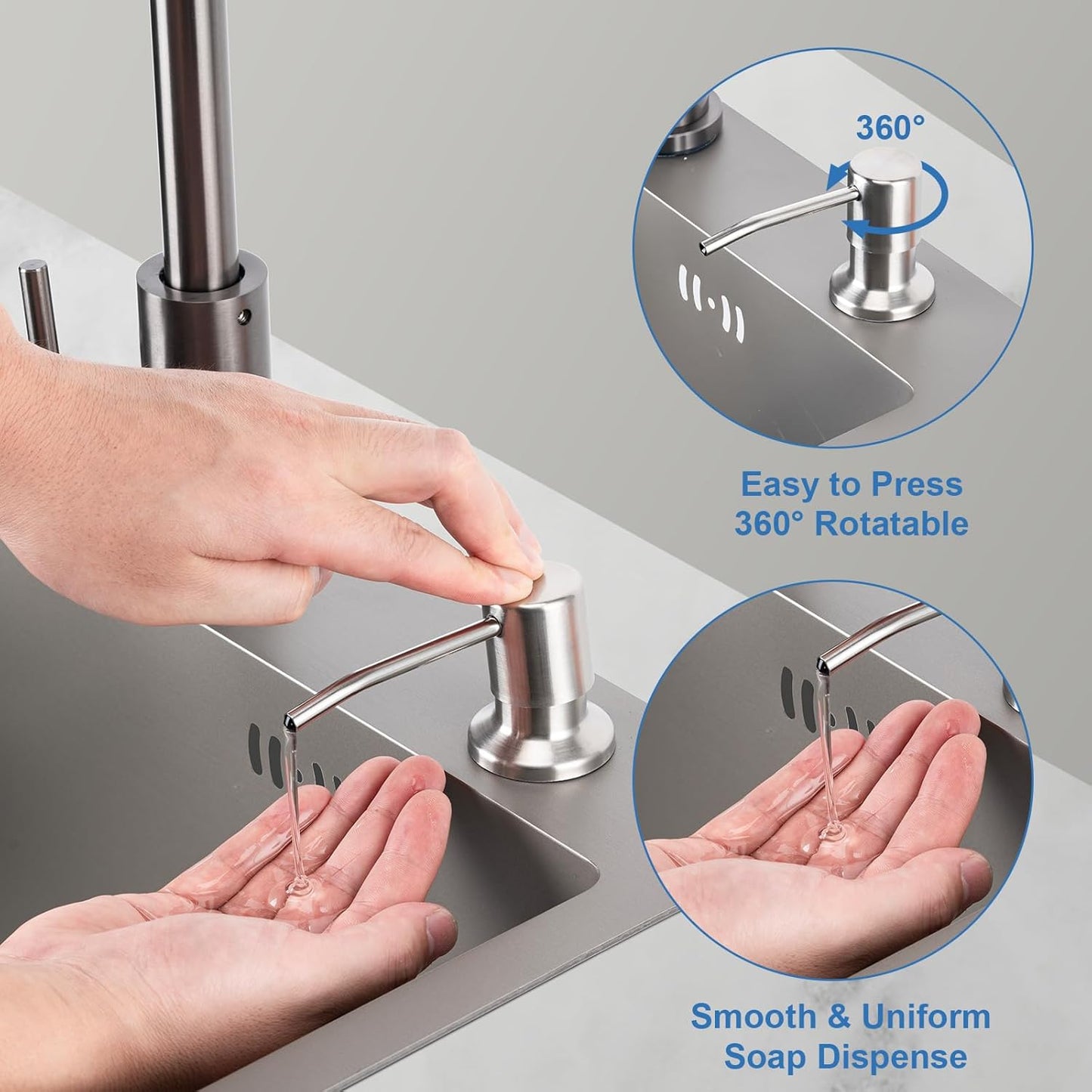 Soap Dispenser for Kitchen Sink, Built in Sink Soap Dispenser (Brushed Nickel), Countertop Dish Soap Dispenser Stainless Steel Pump with 47" Extension Tube Kit, No Need to Frequent Refills