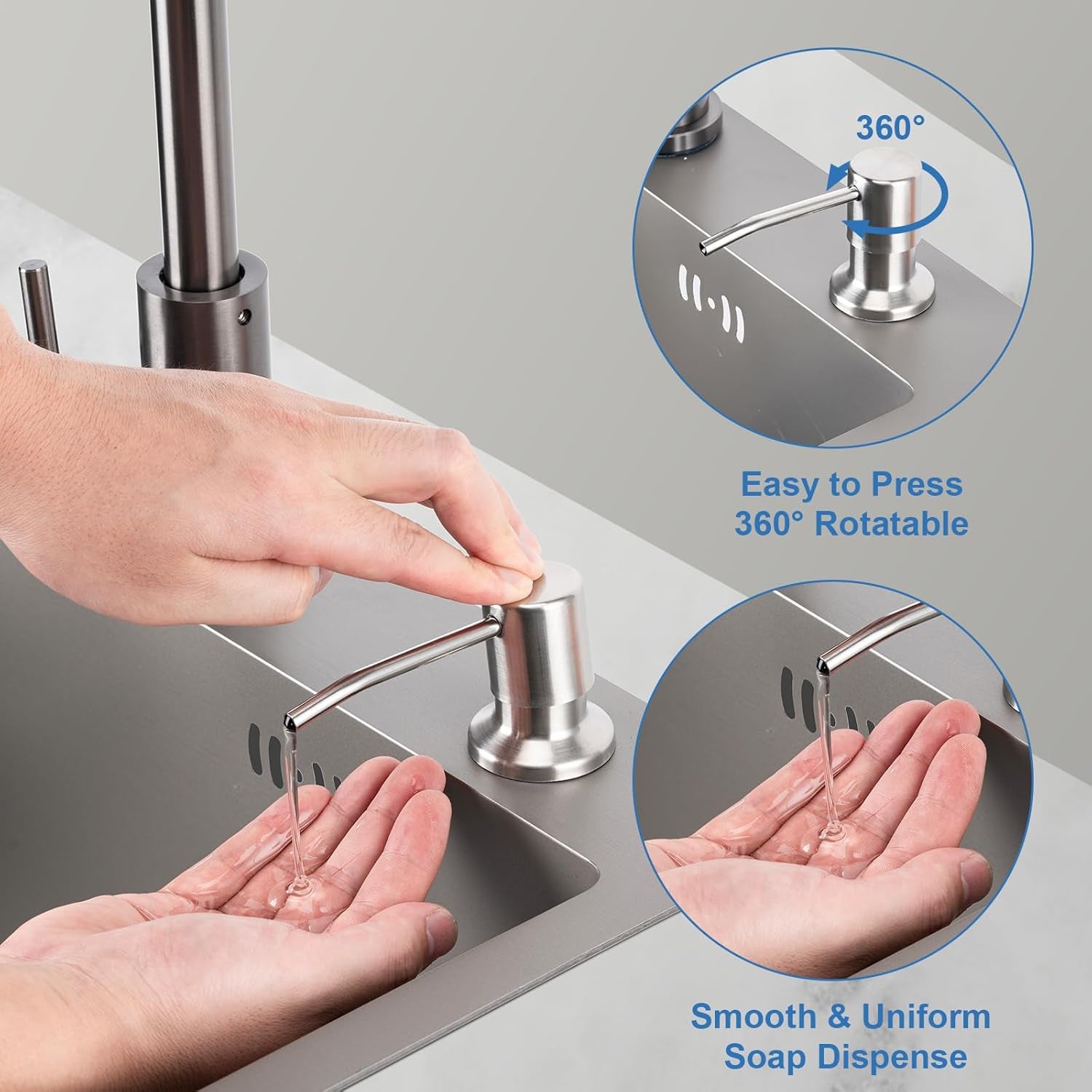 Soap Dispenser for Kitchen Sink, Built in Sink Soap Dispenser (Brushed Nickel), Countertop Dish Soap Dispenser Stainless Steel Pump with 47" Extension Tube Kit, No Need to Frequent Refills