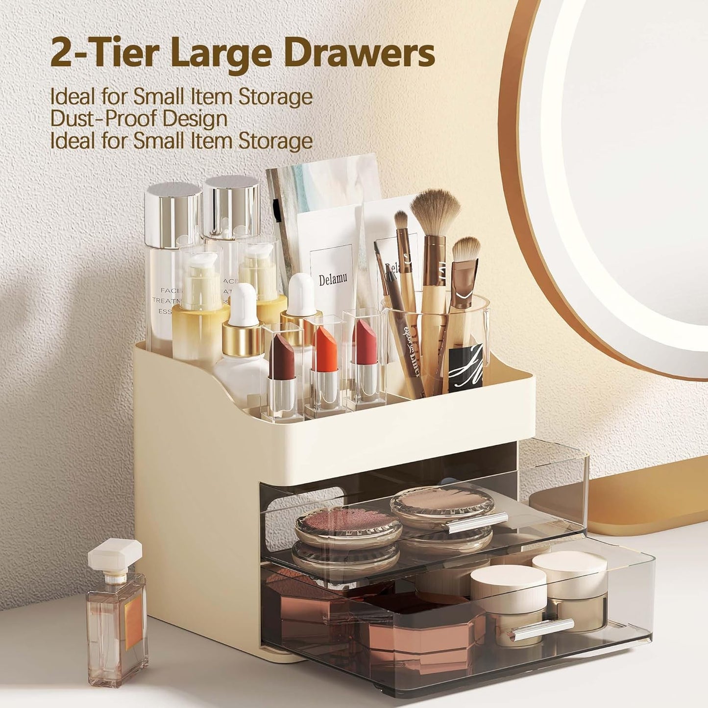 Makeup Organizer Countertop, 3-Tier Large Capacity Bathroom Counter Organizer with 2 Clear Drawers for Easy Access, Ideal for Makeup, Skincare, Lipsticks, Office Supplies, Present, Etc, Beige