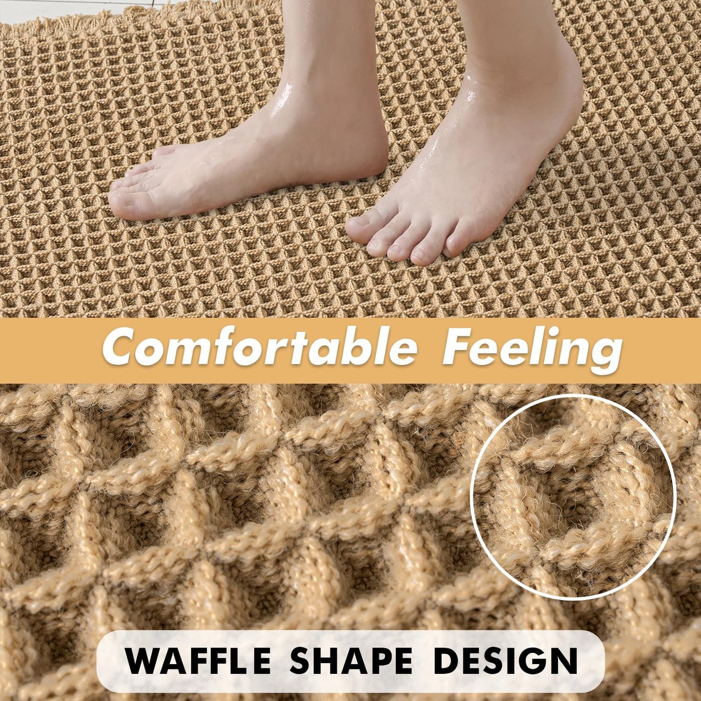 Set of 2 Non-Slip Waffle Bath Rugs, Washable and Super Absorbent Mats with Ultra Soft Rubber Backing, Brown, 18x30 Inches