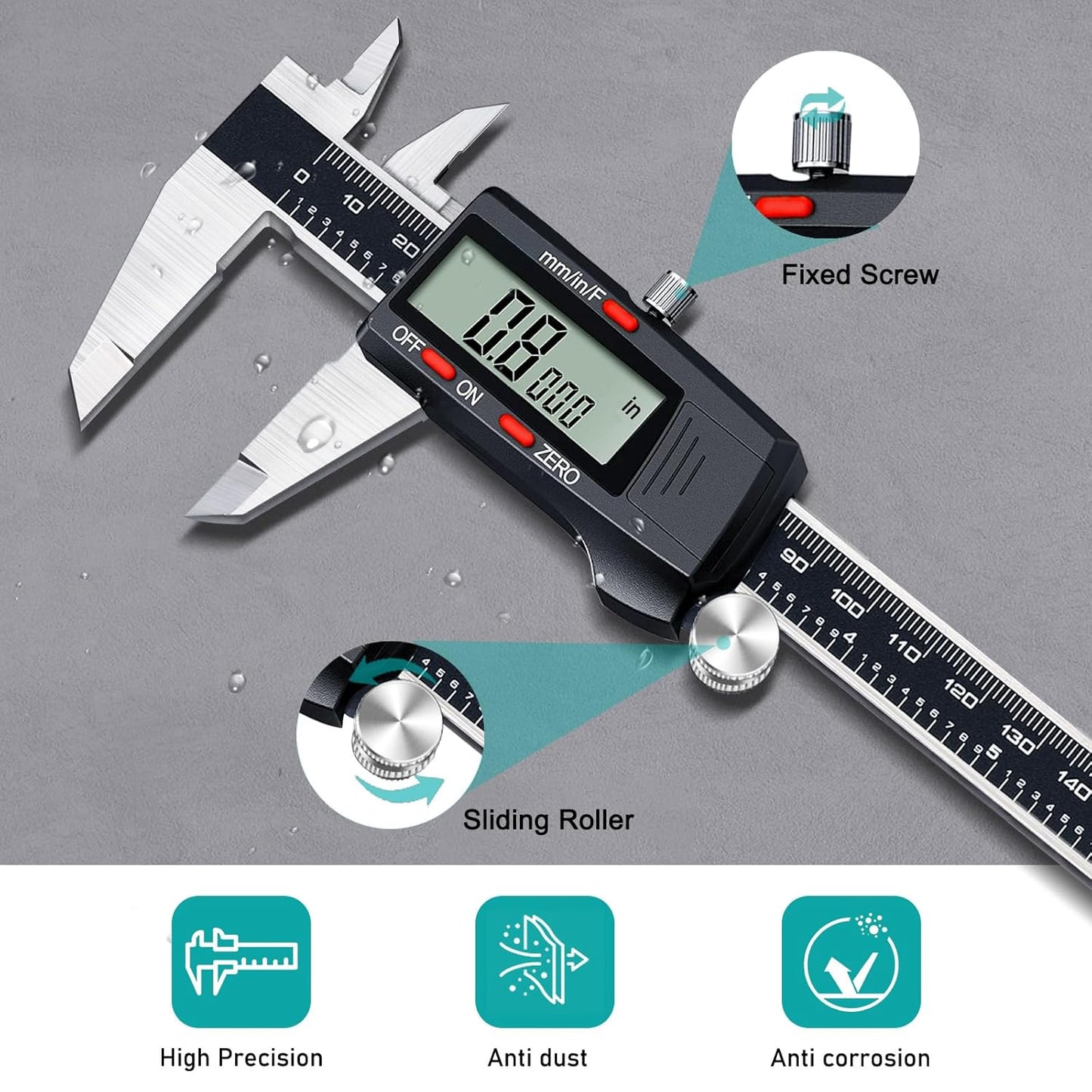 Digital Vernier Caliper, Caliper Measuring Tool, outside Micrometer Dial Caliper with Stainless Steel, Large LCD Screen, Auto - off Feature, Inch Metric Fraction Conversion (6Inch/150Mm)