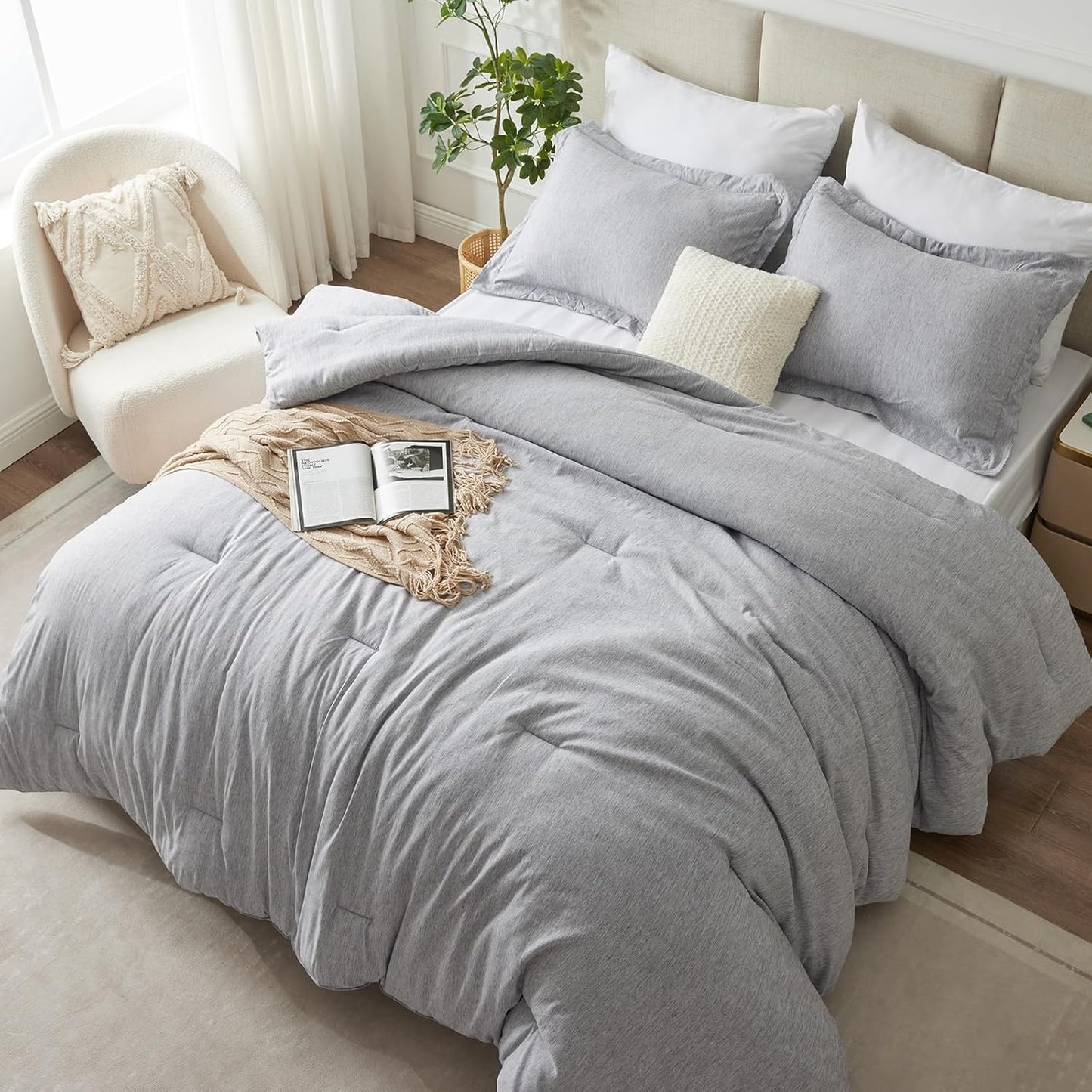 Queen Comforter Set - 3 Pieces Light Grey Soft Luxury Cationic Dyeing Queen Comforter for All Season, Light Gray Breathable Lightweight Fluffy Bedding Sets with 1 Comforter and 2 Pillow Shams
