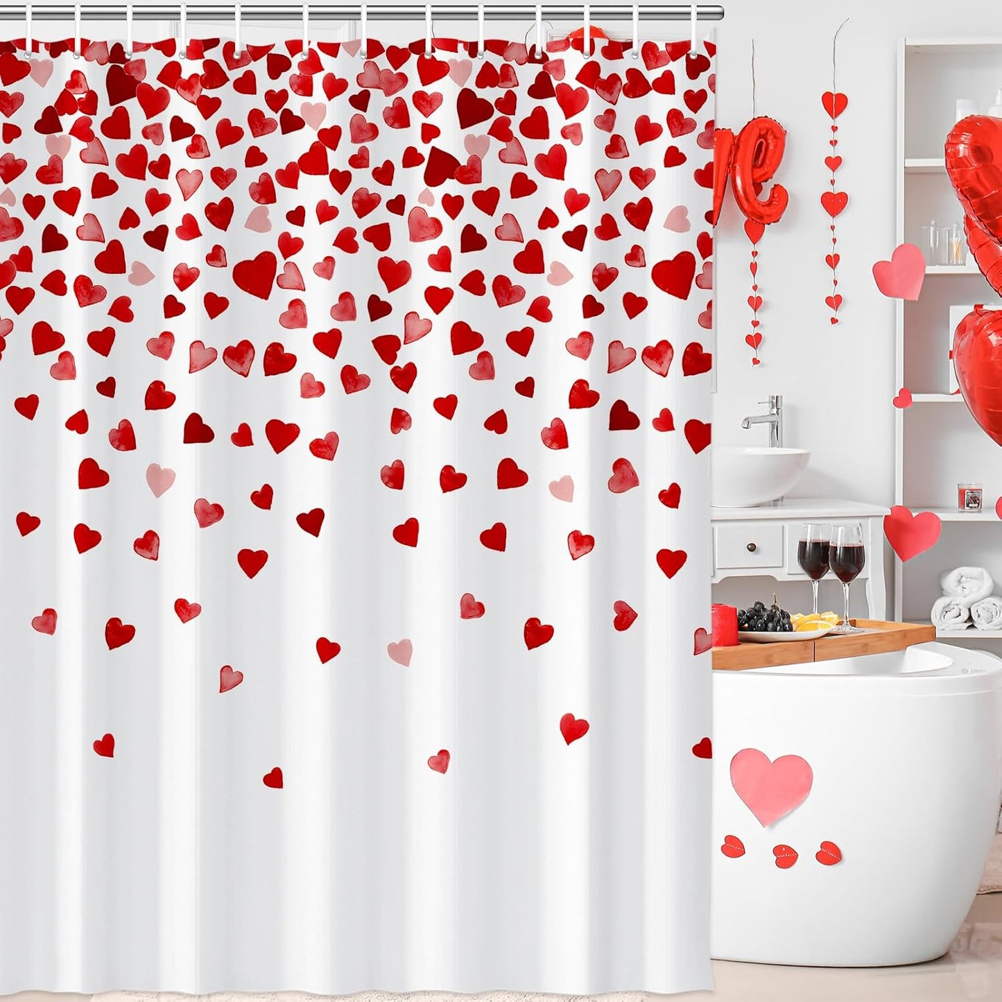 71 X 71 Inches Valentines Day Shower Curtain Top with Pink and Red Love Heart Romantic Bathroom Curtain Waterproof Polyester Curtain Hooks Set for Valentine'S Day Bathroom Decorations