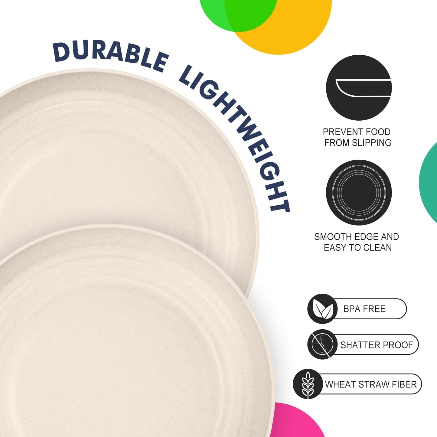 Set of 8 Unbreakable 9-Inch Wheat Straw Dinner Plates, Dishwasher and Microwave Safe, Modern Beige Design