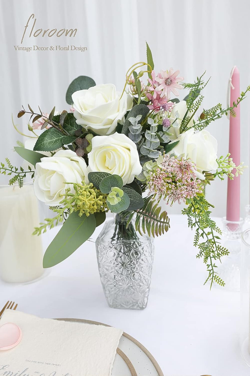 20-Piece Ivory High-Centered Foam Artificial Roses with Stem for DIY Wedding Bouquets, Bridal Shower Centerpieces, Floral Arrangements, Party Tables, and Home Decor