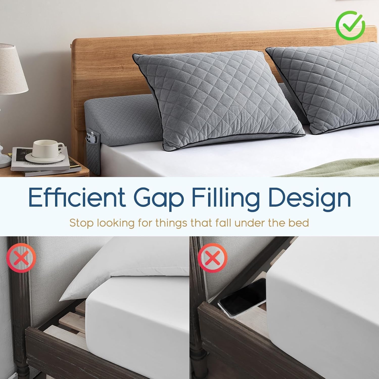 King Size(76"X10"X6") Bed Wedge Pillow for Headboard - Upgraded Bed Gap Filler King between Mattress and Headboard - Wedge Headboard Pillow - Grey