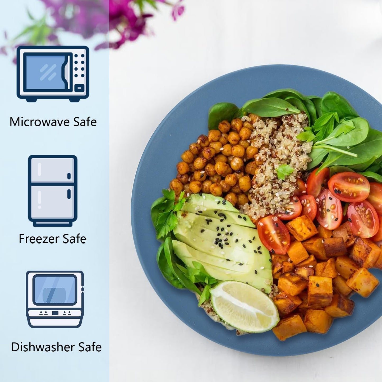 Set of 8 Unbreakable Wheat Straw Flat Dinner Plates - Microwave and Dishwasher Safe, Perfect for Camping and Salads (Blue, 10 Inch)