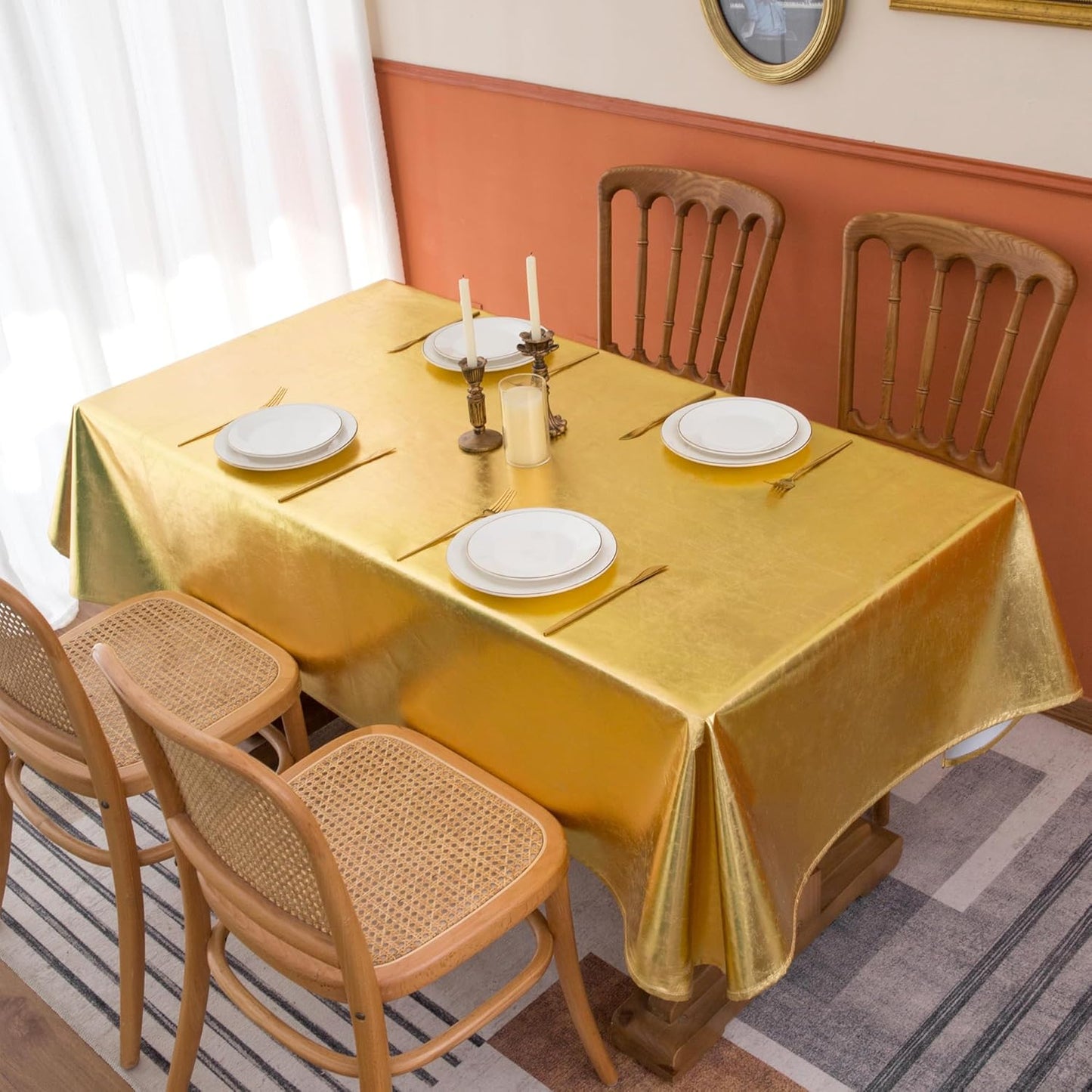 Rectangle Foiled Tablecloth Set, 2 Pack - 60 x 102 Inches, Gold - Stain Resistant for New Year Celebrations and Banquets
