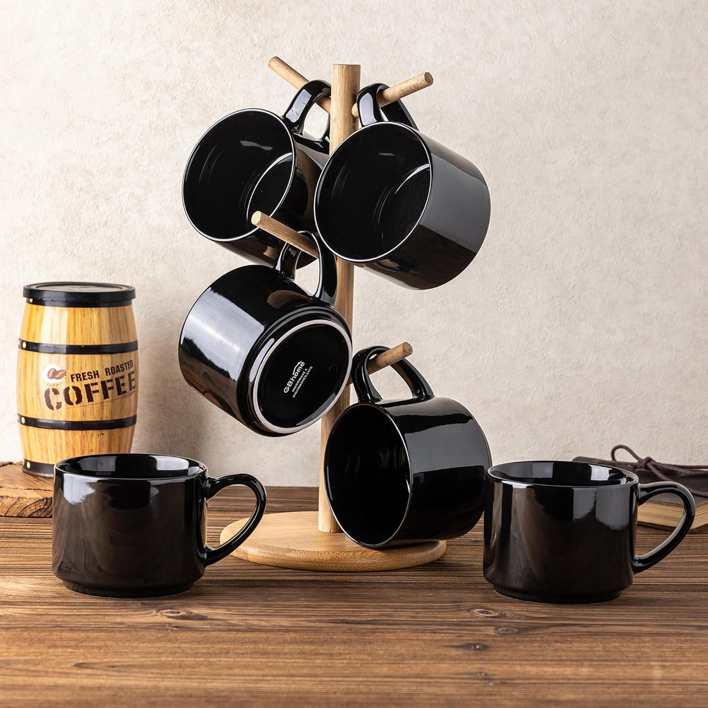 14 oz Stackable Ceramic Coffee Mug Set of 6 - Modern Black Cups for Latte, Tea, and Cappuccino, Dishwasher and Microwave Safe