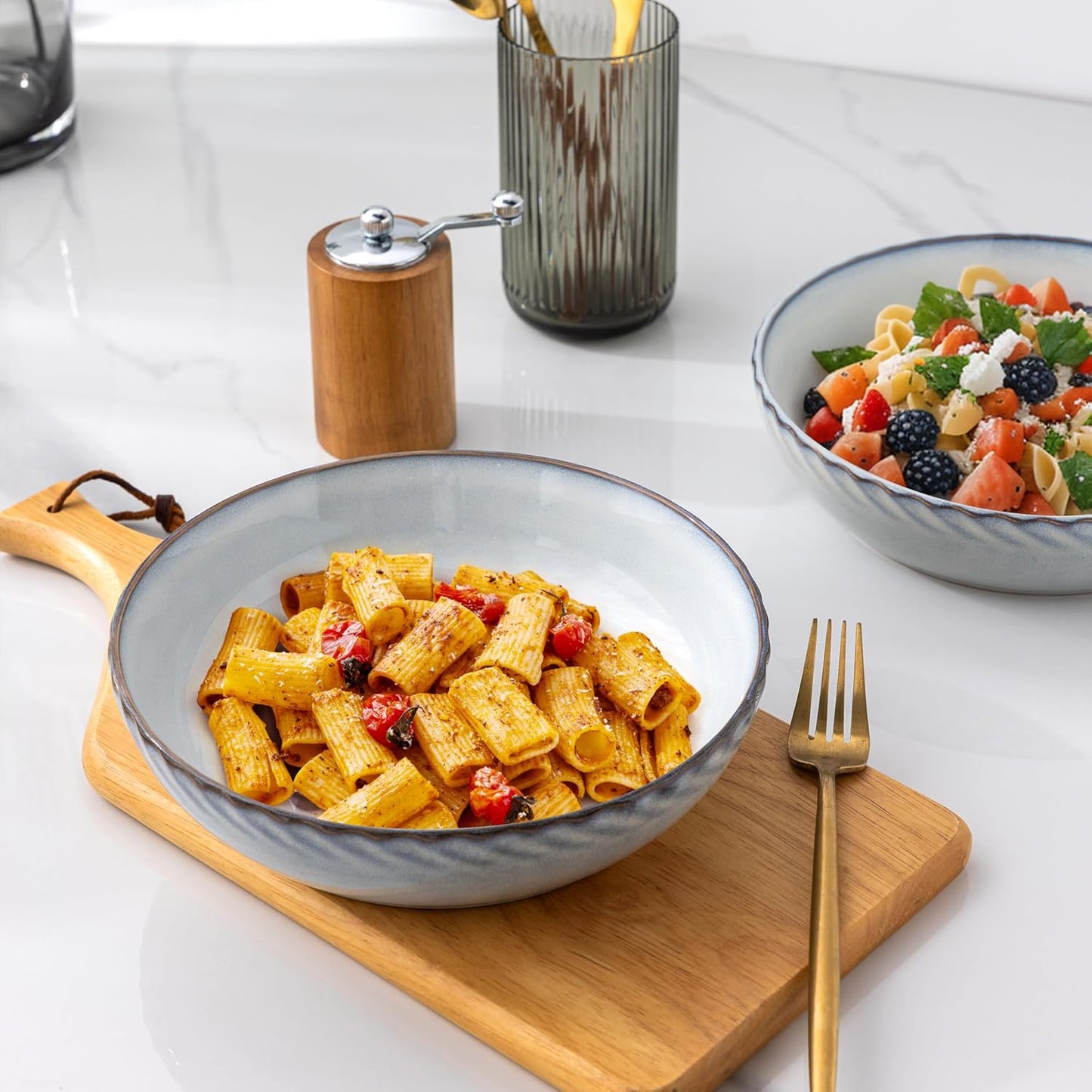Set of 4 Large 8.5'' Stoneware Pasta and Salad Bowls, 38 Ounce Capacity, Textured Ceramic Serving Bowls for Pasta, Fruit, Stews, and Noodles - Ideal Housewarming Gift