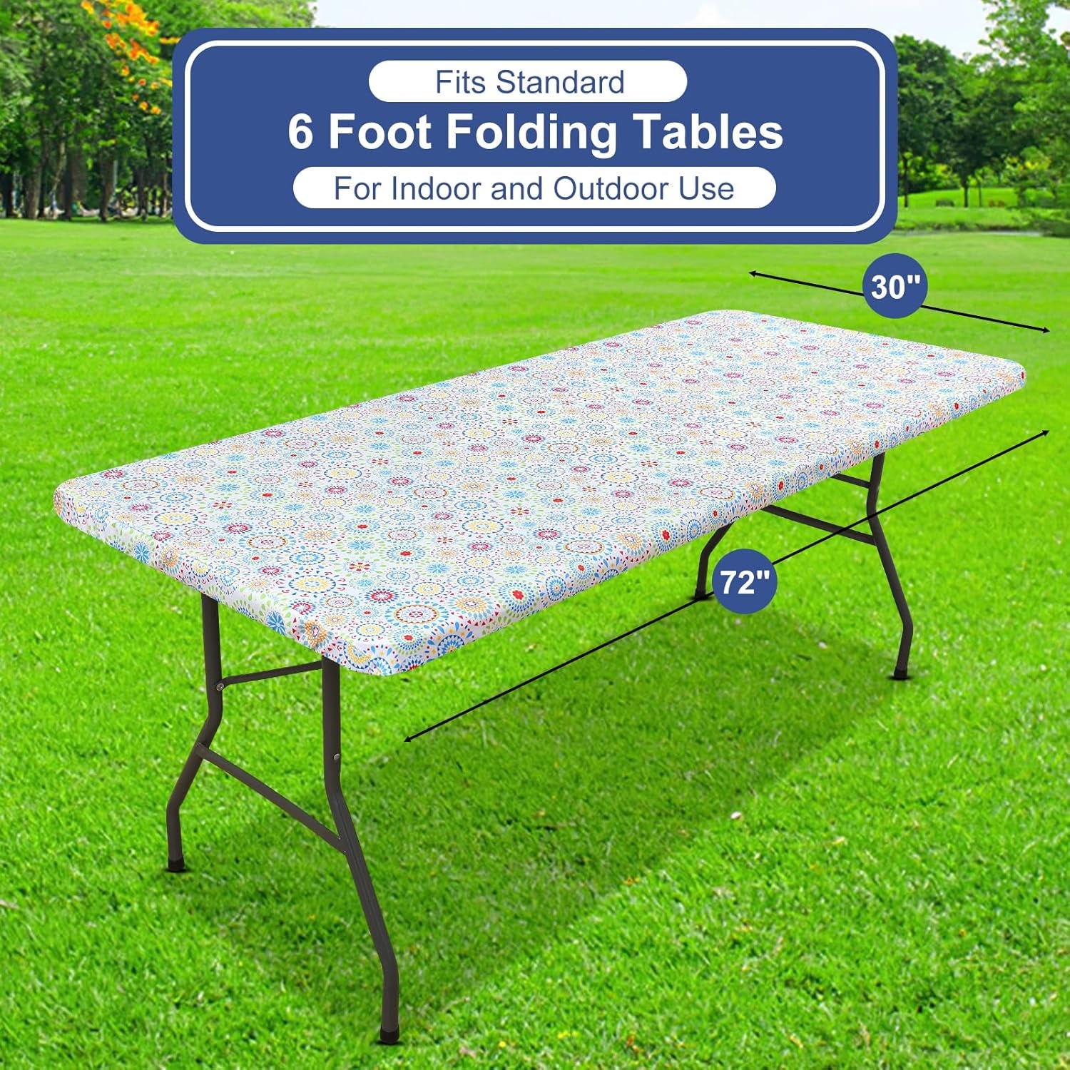 Rectangle Printed Fabric Tablecloth, Elastic Fitted Table Cloth for 6 Foot Table, Washable Polyester Table Cover for Outdoor, Picnic, Camping and Indoor, (Geometric Medallion, 30" X 72")