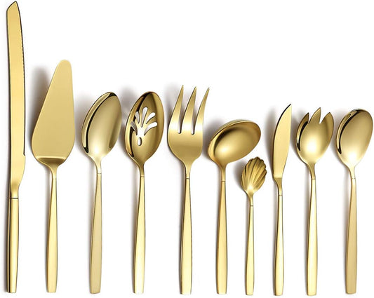 10-Piece Gold Serving Utensil Set with Titanium Plating, Including Cake Knife, Cake Server, Serving Forks, Sugar Spoon, Salad Spoon, Butter Knife, Gravy Ladle, and More