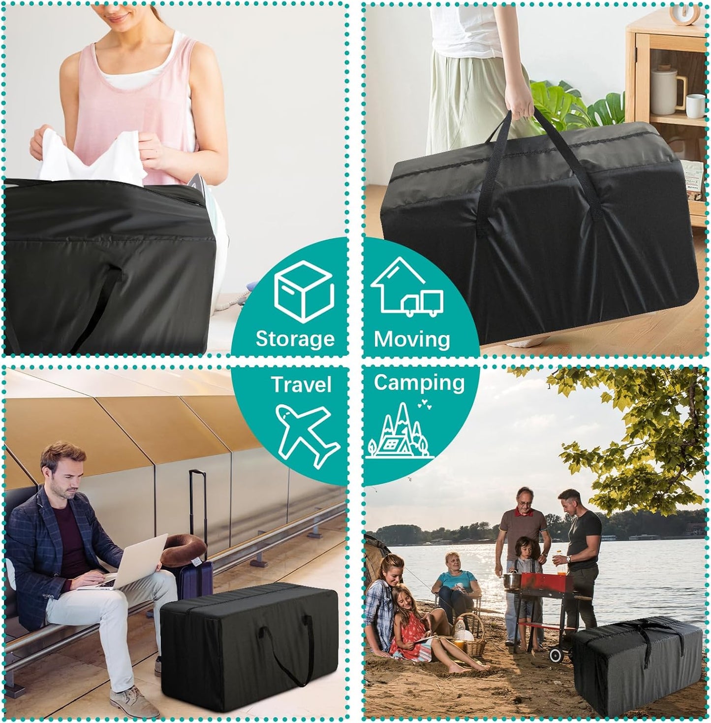 Moving Bags Heavy Duty with Strong Zipper & Handles, Sturdy Clothes Storage Bags, Packing Totes 6 Pack, College Dorm Room Essentials, Black