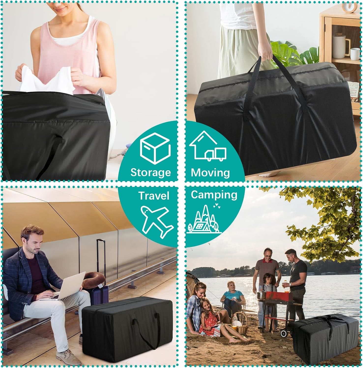 Moving Bags Heavy Duty with Strong Zipper & Handles, Sturdy Clothes Storage Bags, Packing Totes 6 Pack, College Dorm Room Essentials, Black