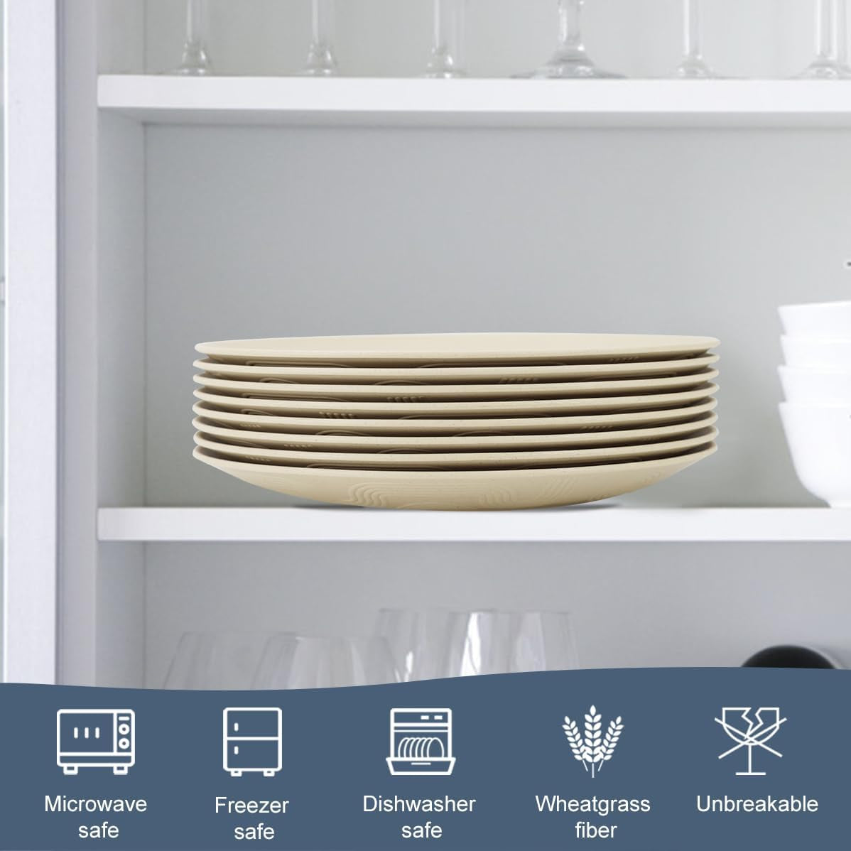 Wheat Straw Dinner Plate Set of 8 - Eco-Friendly, Microwave and Dishwasher Safe, Durable and Unbreakable - Perfect for Kitchen, Camping, Salads, and Appetizers (Beige, 10 Inch)