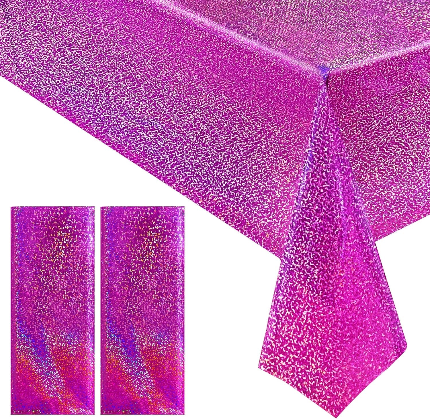 Fuchsia Hot Pink Holographic Tablecloths - Set of 2, 40" x 108", Ideal for Galentine's Day, Valentine's Day, and Girls' Birthday Party Decorations