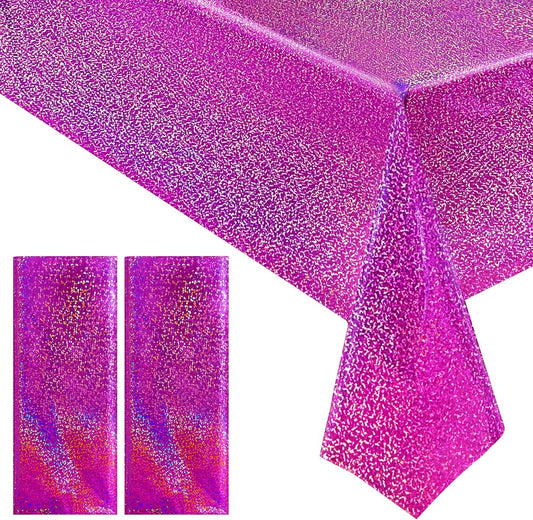 Fuchsia Hot Pink Holographic Tablecloths - Set of 2, 40" x 108", Ideal for Galentine's Day, Valentine's Day, and Girls' Birthday Party Decorations