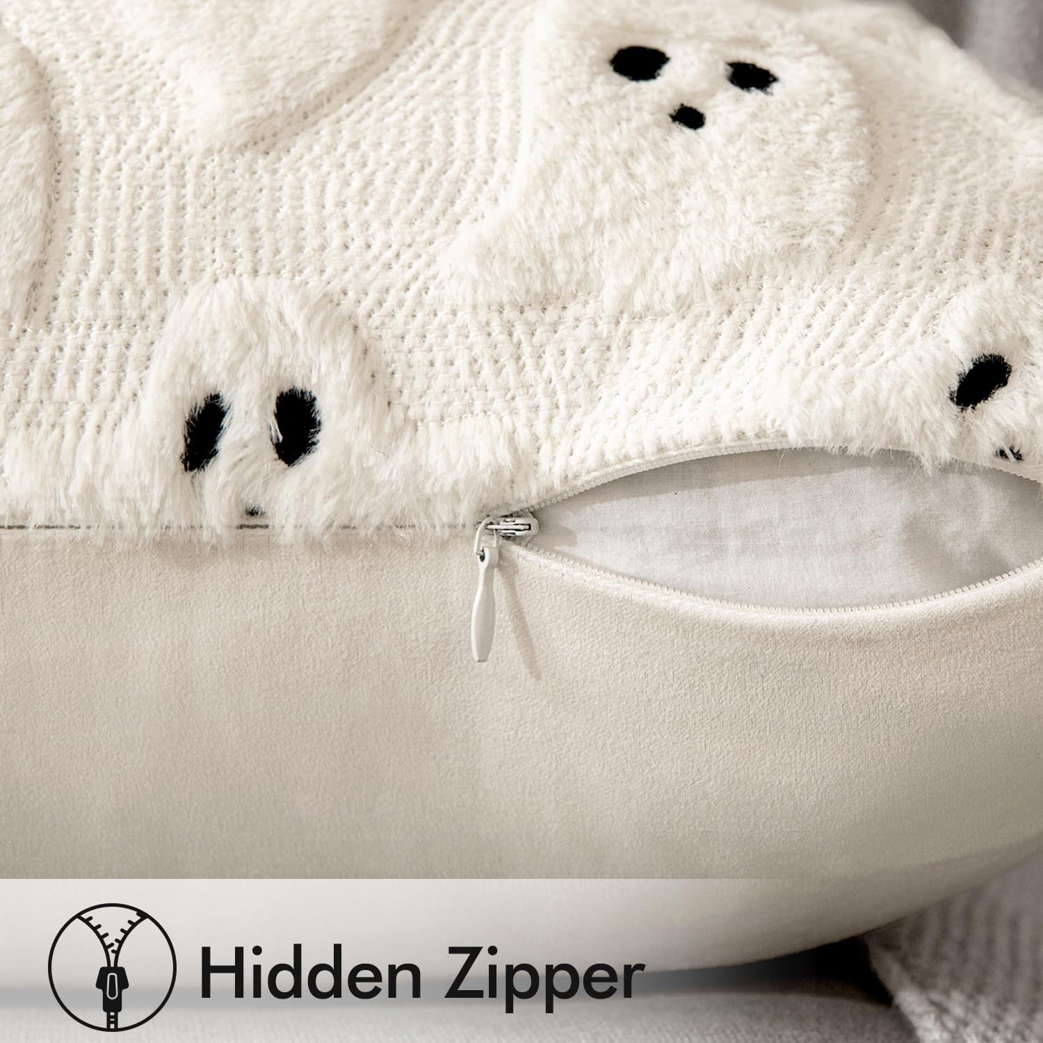 Halloween Decorative Pillow Covers - Set of 2 Soft Plush Faux Fur Ghost Design Cushions for Couch, Sofa, Bed, and Porch - 18x18 Inch Cream White