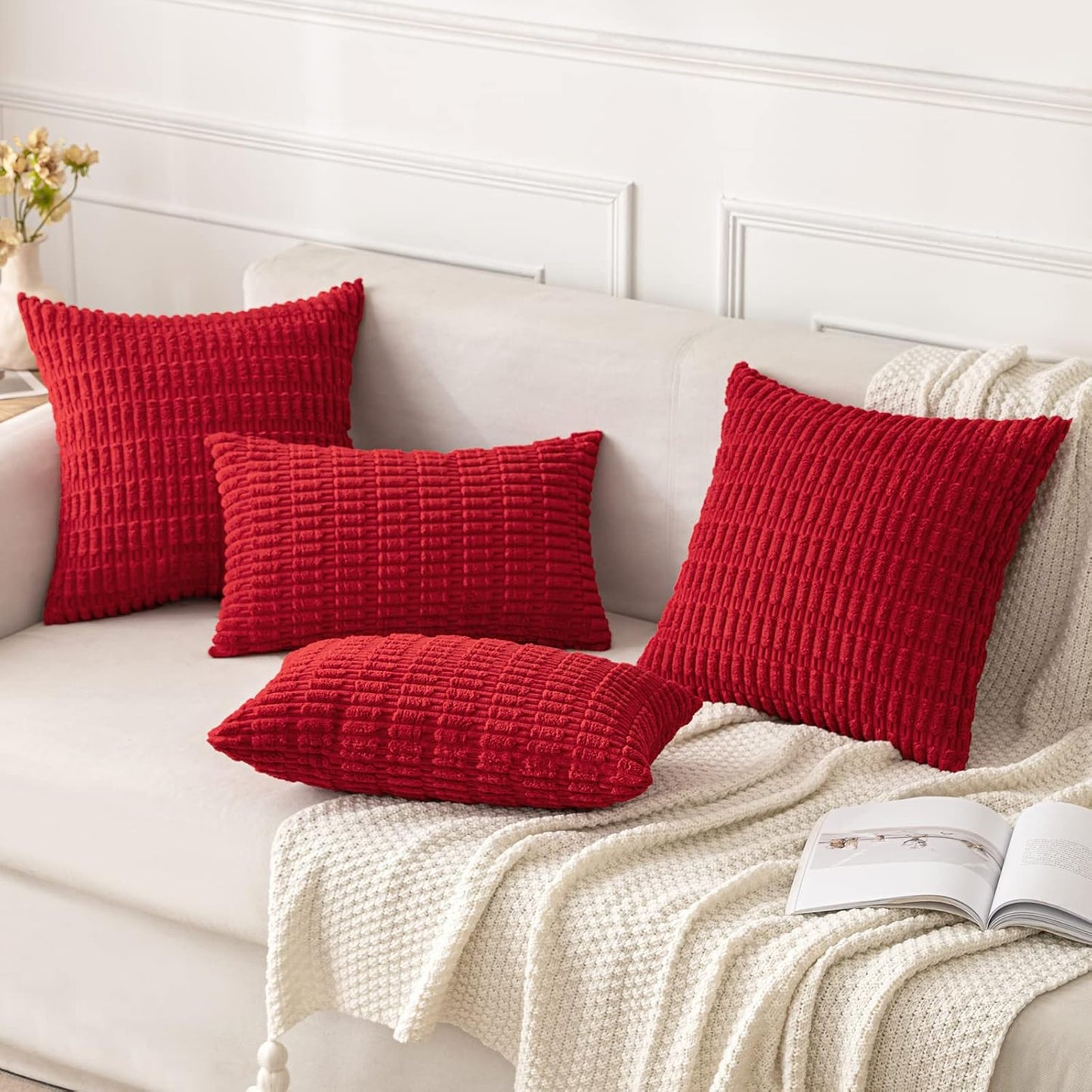 Pack of 2 Christmas Red Corduroy Decorative Pillow Covers 18X18 Inch Soft Boho Striped Throw Pillow Covers Modern Farmhouse Home Decor for Sofa Living Room Couch Bed