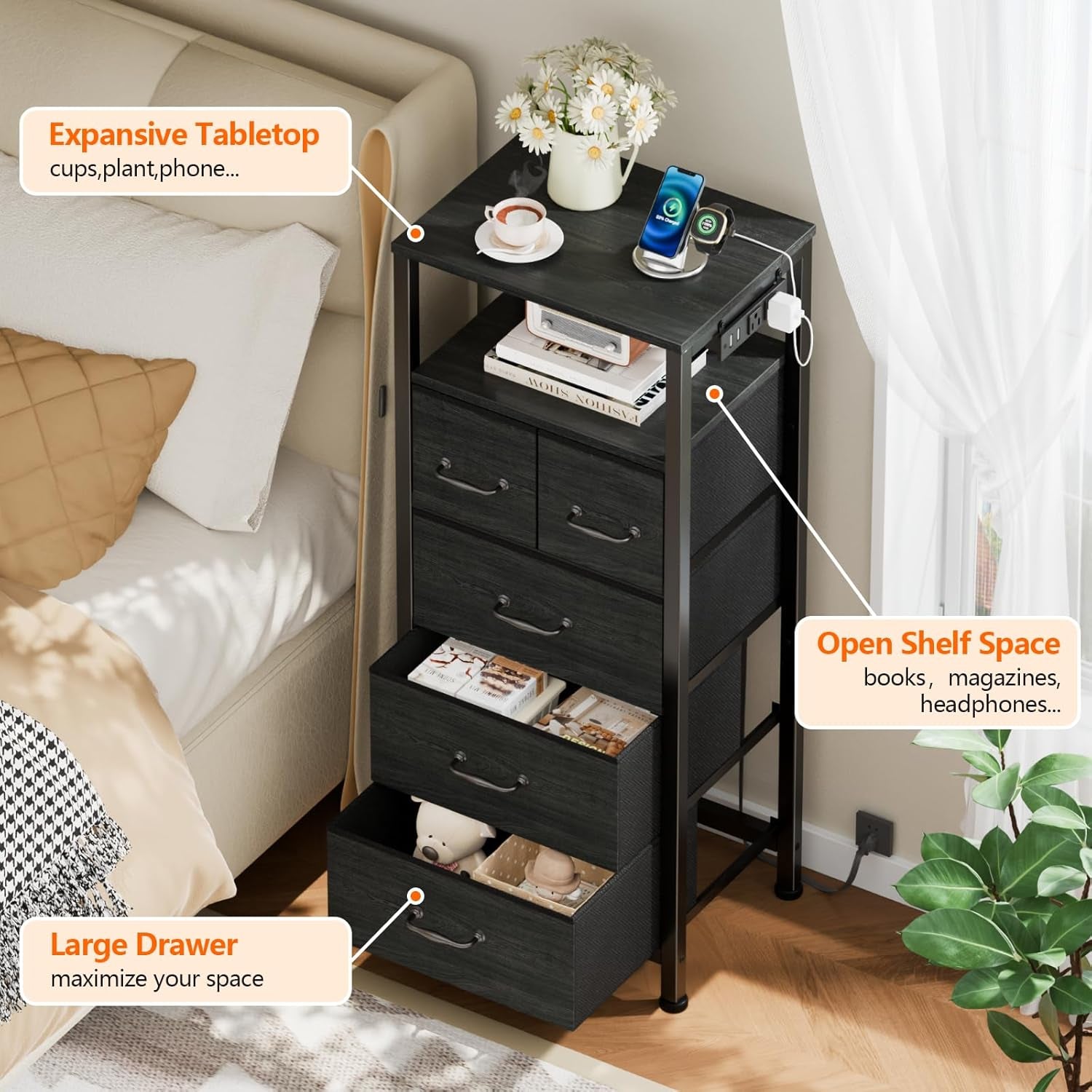 Elegant Black Oak Dresser and Nightstand with Charging Station, LED Lighting, and Fabric Bins - 5-Drawer Vertical Chest and Bedside Table for Bedroom and Entryway