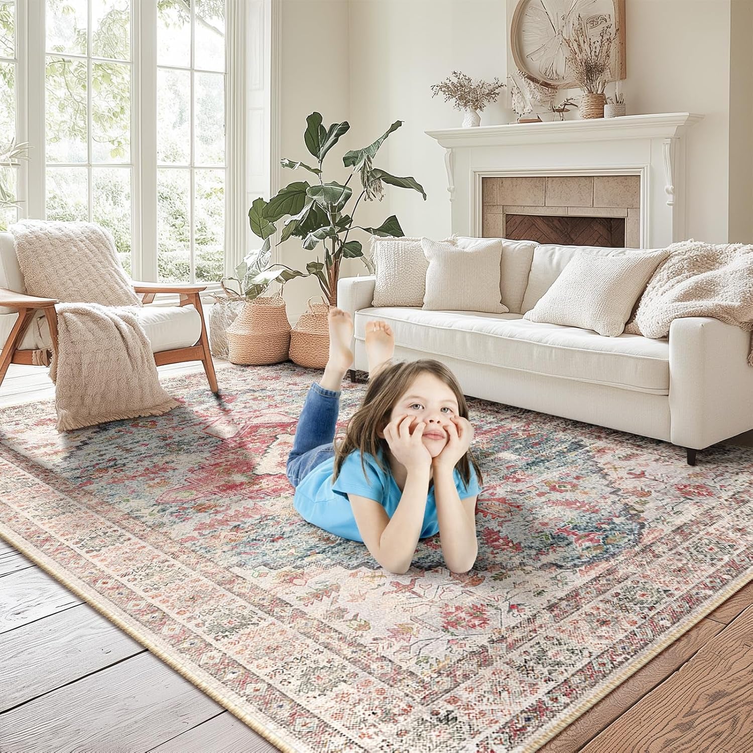 5X7 Area Rug for Living Room Washable Rugs No Pile Carpet for Entryway Bedroom Dinning Room Playroom Vintage Boho Carpet Print Distressed Non-Slip, 5 X 7 Ft, Pink