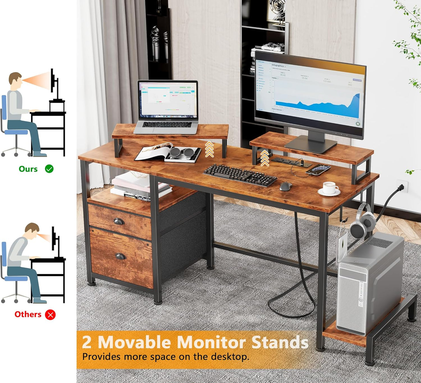 47" Computer Desk with File Cabinet and Power Outlets, Home Office Desk with 2 Monitor Stands and Storage Drawer, Writing Gaming Table with Shelves and 2 Hooks for Bedroom, Rustic Brown