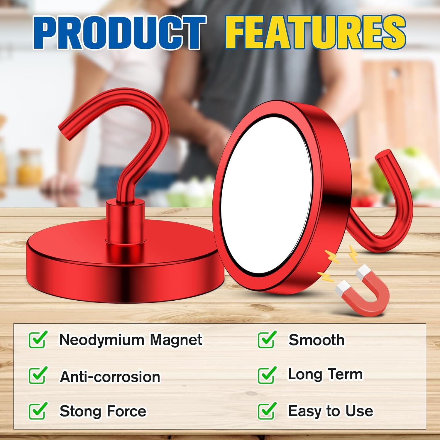 2 Pack Magnetic Hooks Heavy Duty, 110LBS Neodymium Magnet Hooks for Cruise Cabin, Strong Magnetic Hooks for Hanging, Magnets with Hooks for Home, Kitchen, Workplace, Bathroom(Red)