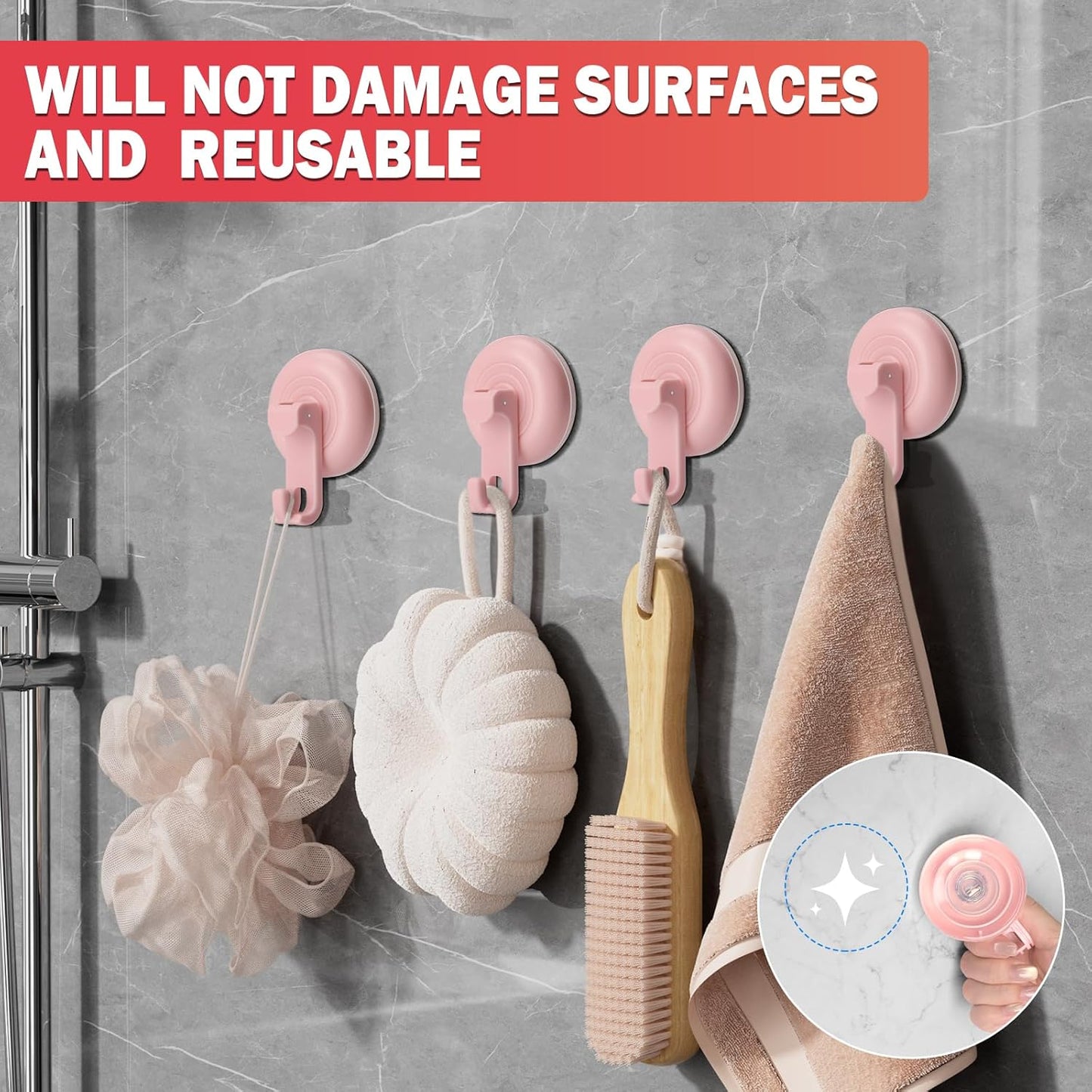 Suction Cup Hooks for Shower, Powerful Vacuum Shower Hook for Towel, Robe, Loofah - Reuseable and Removeable Bathroom Hook, Pink, 4 Pack