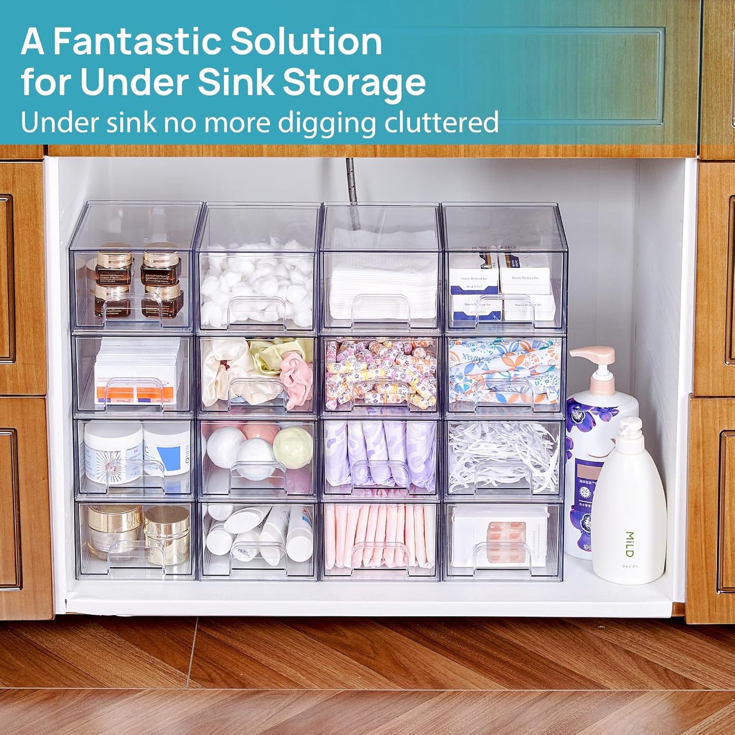 2 Pack Small Clear Stackable Storage Drawers,Acrylic Bathroom Makeup Organizer,Plastic Storage Bins for Vanity, Undersink, Kitchen Cabinets, Pantry, Home Organization