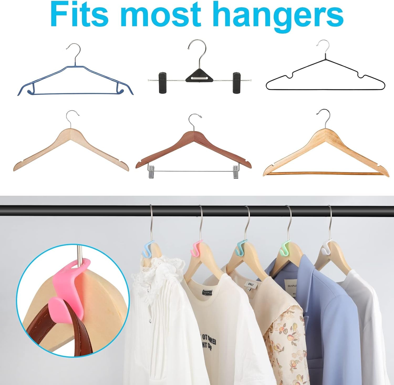 100 PCS Hanger Connector Hooks, Space Saving Hooks and Clips for Plastic Hangers (5 Color)