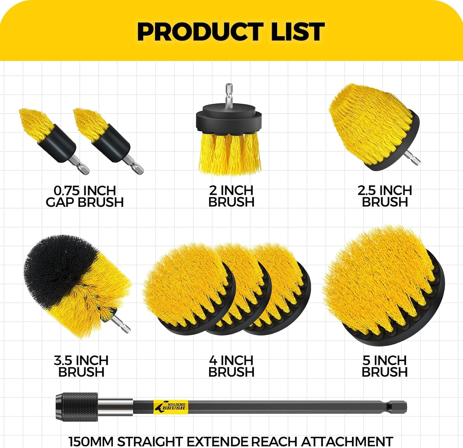 10Pieces Drill Brush Attachments Set, Power Scrubber Brush with Extend Long Attachment,Scrub Brush,Shower Scrubber,Cleaning Supplies,Yellow