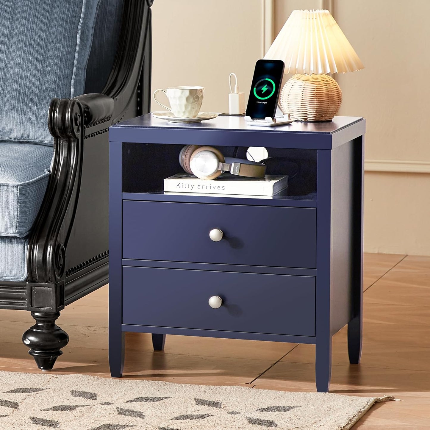 Modern Blue Nightstand with Charging Station and Two Drawers, Stylish Bedside Table for Bedroom Storage with Metal Knobs and Painted Finish