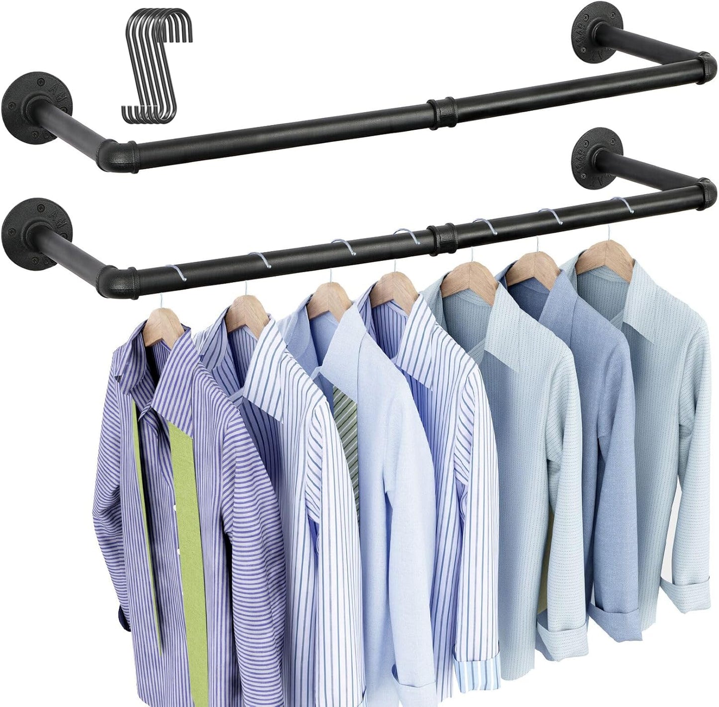 Industrial Pipe Clothes Rack Wall Mounted Set of 2, 38.4 Inches Heavy Duty Iron Pipe Clothing Garment Rail, Multi-Purpose Clothing Hanging Rod for Laundry Room and Closet Storage