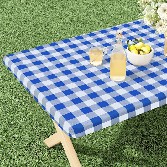 Buffalo Rectangle Picnic Tablecloth, 6 Foot Elastic Fitted Vinyl Table Cloth with Flannel Backing, Waterproof Plaid Table Covers for Dining, Camping, Outdoor (Blue and White, 30" X 72")