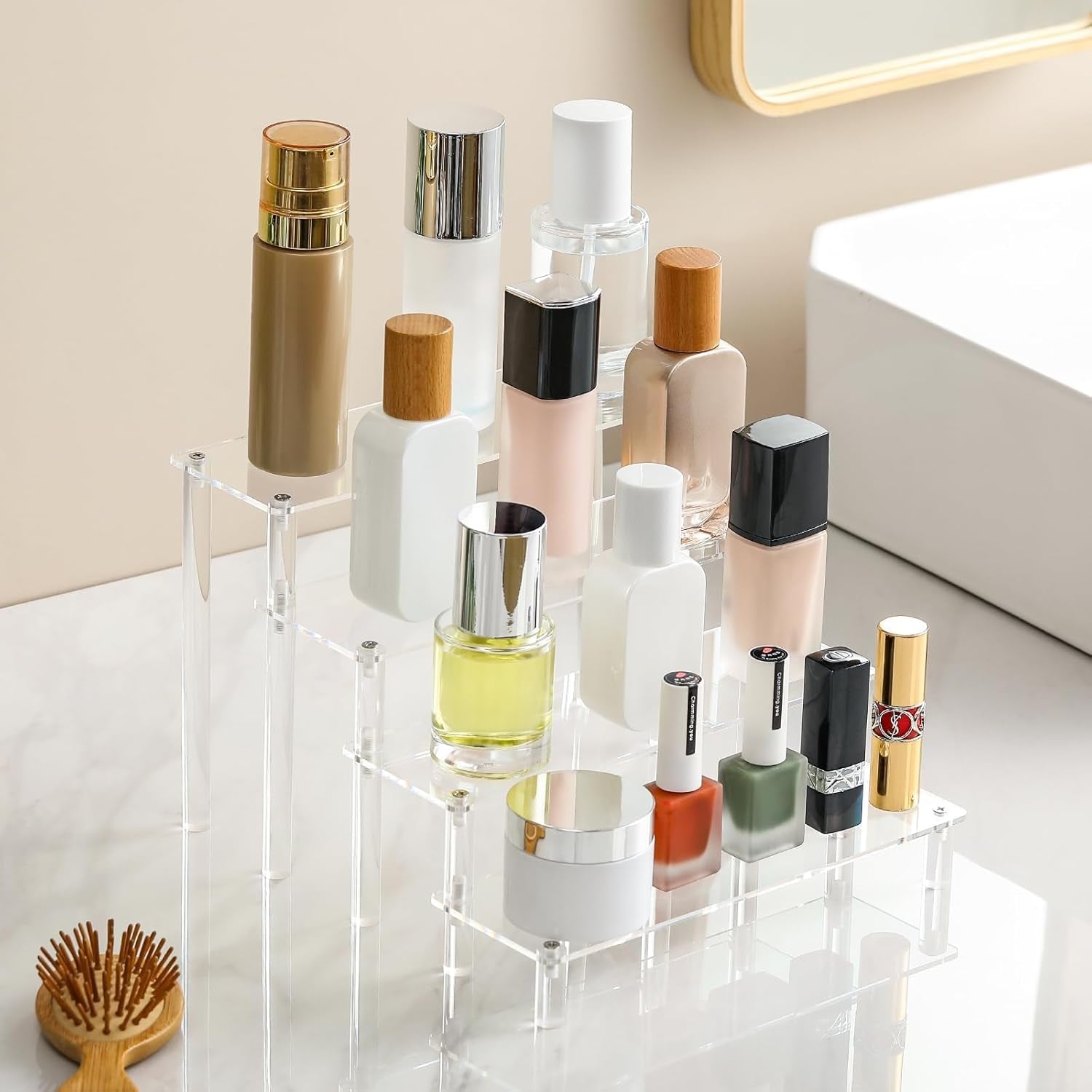 4 Tier Acrylic Display Risers, Clear Perfume Organizer Stand, Cupcake Food Stand Holder, Shelf Risers for POP Figures, Dessert Shelves for Party Table, Vanity Tray, Room Decorations and Organization